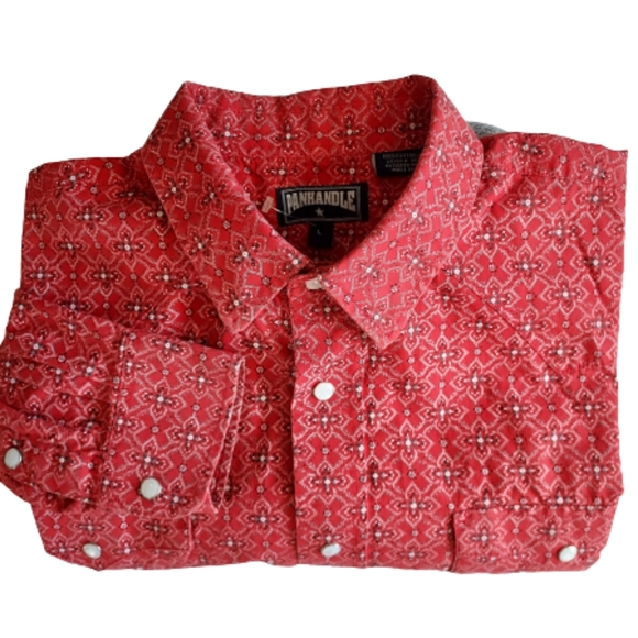 Panhandle Men's Western Cowboy Red Print Pearl Snap Shirt Size Large